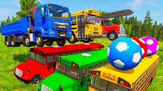 Double Flatbed Trailer Tractor rescue Bus - Cars Racing - Big & Small Cars vs Trains & Rail