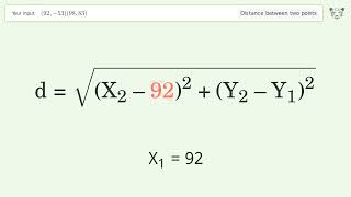 Find the distance between two points p1 (92,-53) and p2 (98,83): Step-by-Step Video Solution