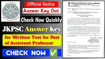 JKPSC Answer Key for Written Test for Post of Assistant Professor | JKPSC Answer Key Out