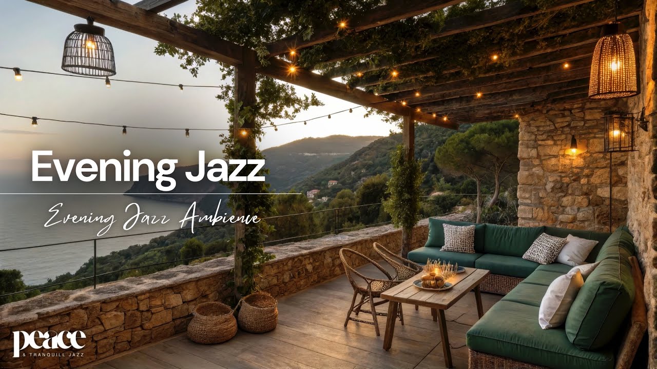 Вечерний джаз на каменной террасе | Уютный свет и приятная музыка на берегу моря