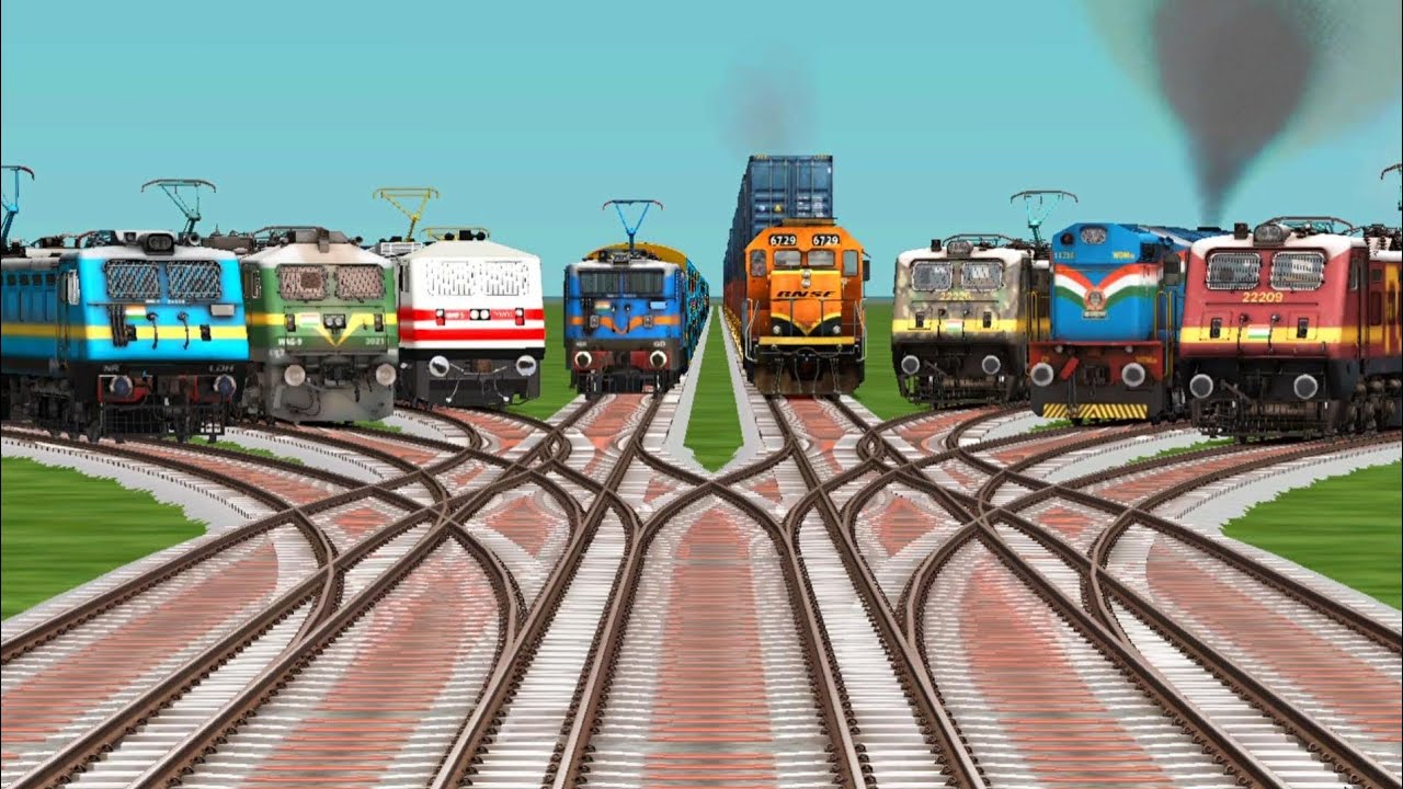 🛸 Epic 9 Electric Trains Crossing Extreme Bumpy Curves | Train Simulator 3D