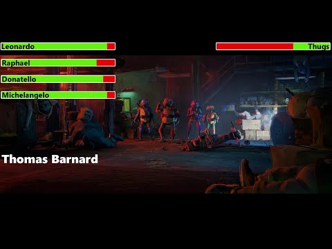 Teenage Mutant Ninja Turtles: Mutant Mayhem (2023) Auto Shop Fight with healthbars