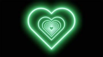 Neon Tunnel of Blue-Green Hearts on Black Background. Video Loop