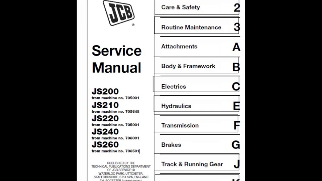 JCB JS200, JS210, JS220, JS240, JS260 Tracked Excavator Service Manual
