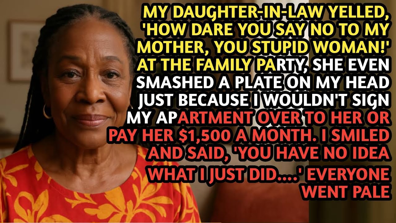 The plate hit my skull so hard I heard ringing before I felt the blood sliding down my face. My grandson's wife stood over me, arm still raised, screaming, "How dare you tell my mama no? You...