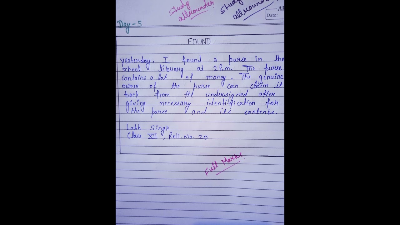 you found a purse in the library.Write a notice inviting owner to claim it back 