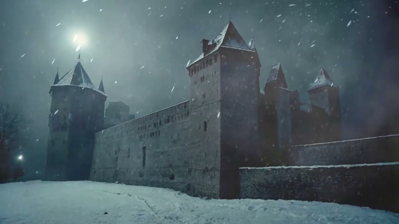Cold Winter Night in the Castle with Howling Winds and Snowstorm Sounds. Blizzard Ambience for Sleep