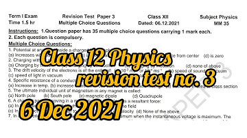 12 Physics revision test no. 3 #class12 #physics #6Dec2021 #revision_test #pseb
