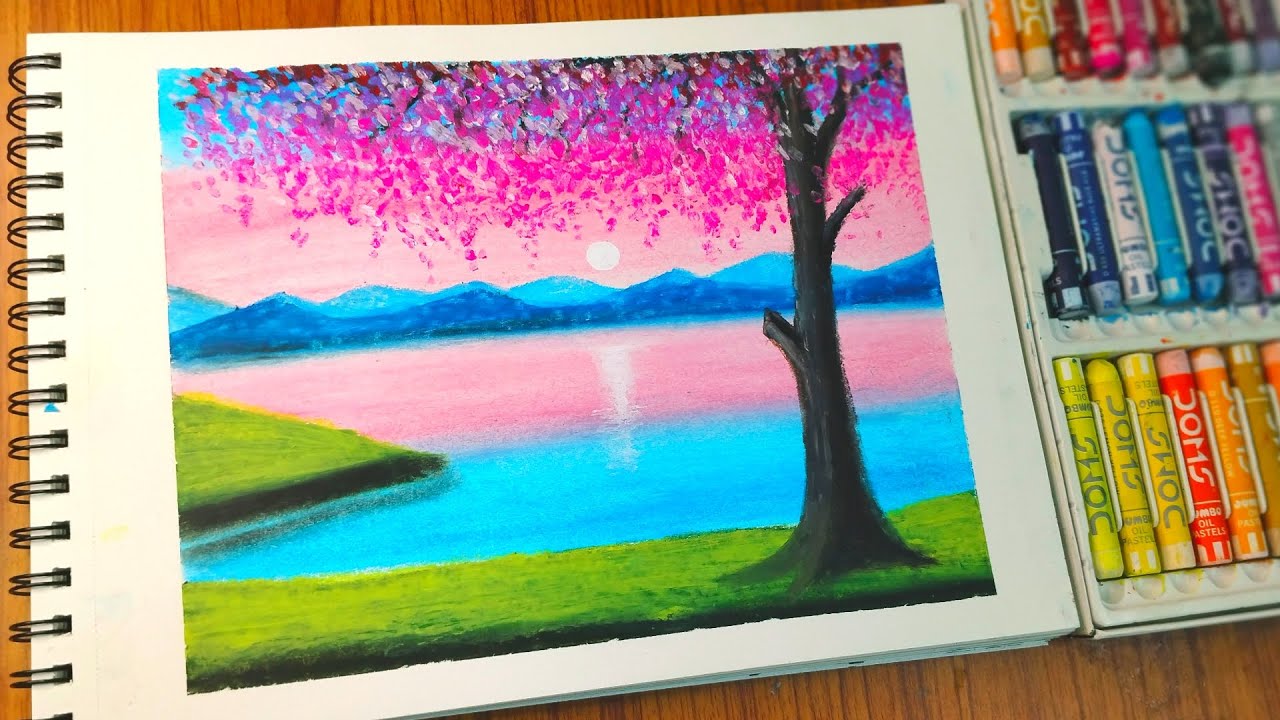 Oil Pastel Spring Scenery Painting for beginners | Oil Pastel Drawing ...
