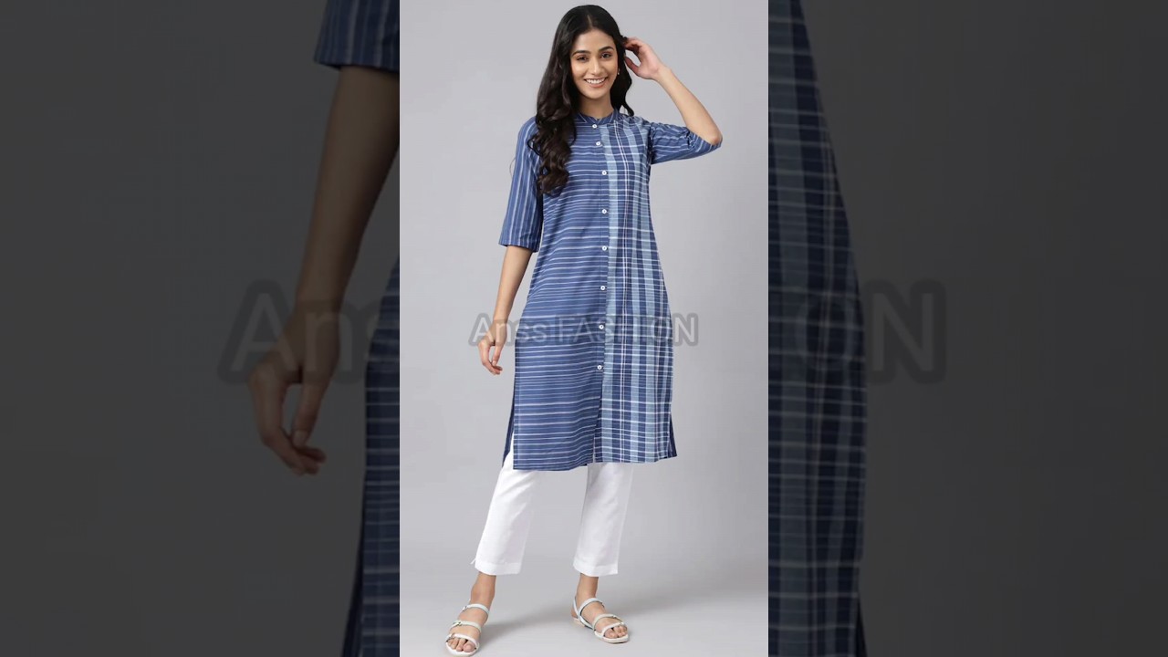 AURELIA Women Blue Printed Mandarin Collar Kurta 