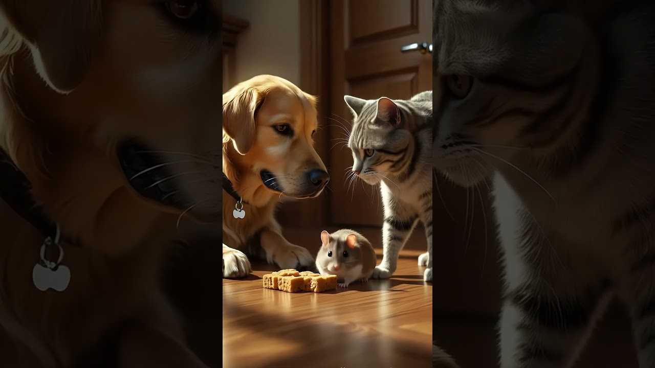 Cat, Dog and Hamster Compete for the Last Piece of Treat! 