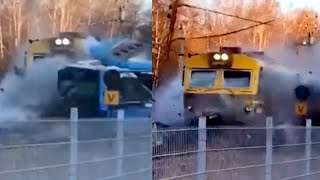 Terrifying Moment Train Hits Broken-Down Bus