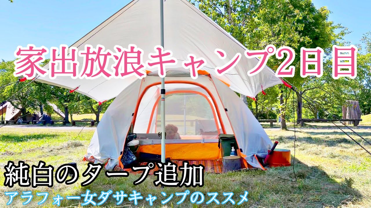 女ソロキャンプ 主婦 犬連れ家出放浪キャンプ2日目 暑さに負け 急遽タープを張るも パイクスピークタープ Youtube