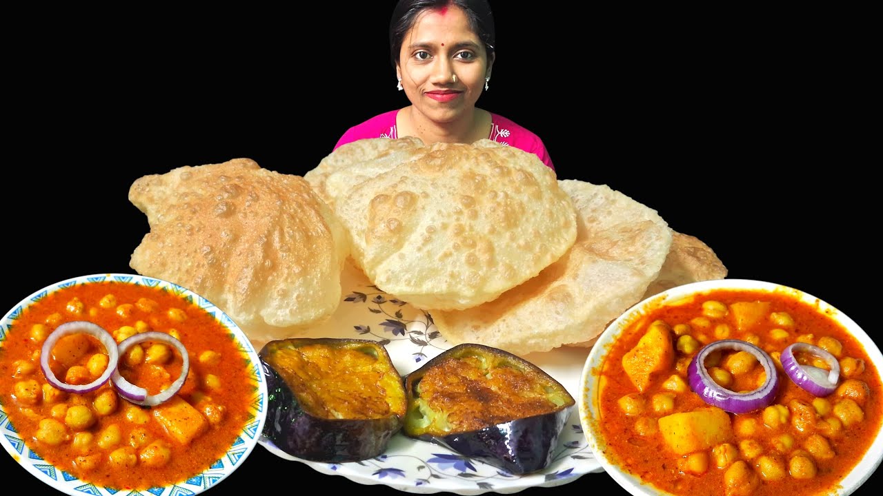 Eating asmr, luchi brinjal fry & chana masala, mukbang, big bites, food challenge, spicy food