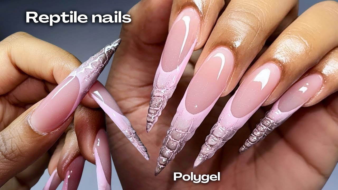 Ногти с розовыми рептилиями 🐍💗 урок по наращиванию ногтей полигелем ♡ как сделать полигель шаг за...