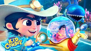 kid dodges robot sharks win race kid cowboy guess gadget