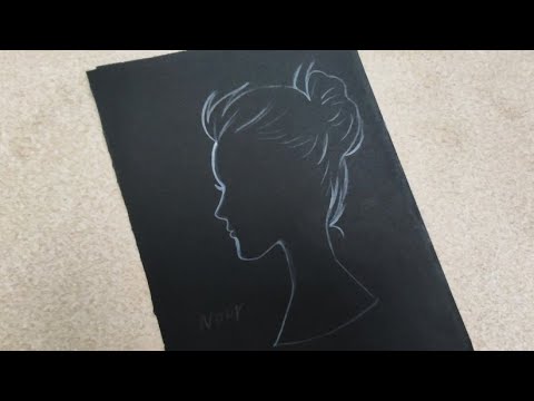 رسم سهل رسم جانب وجه فتاه بقلم ابيض على ورق اسود