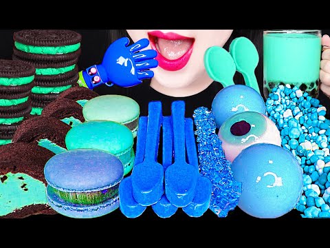 ASMR MUKBANG, Blue Dessert, Boba Bubble Tea, Edible Spoon, Crystal Candy 블루 락캔디, 버블티, 숟가락 먹방