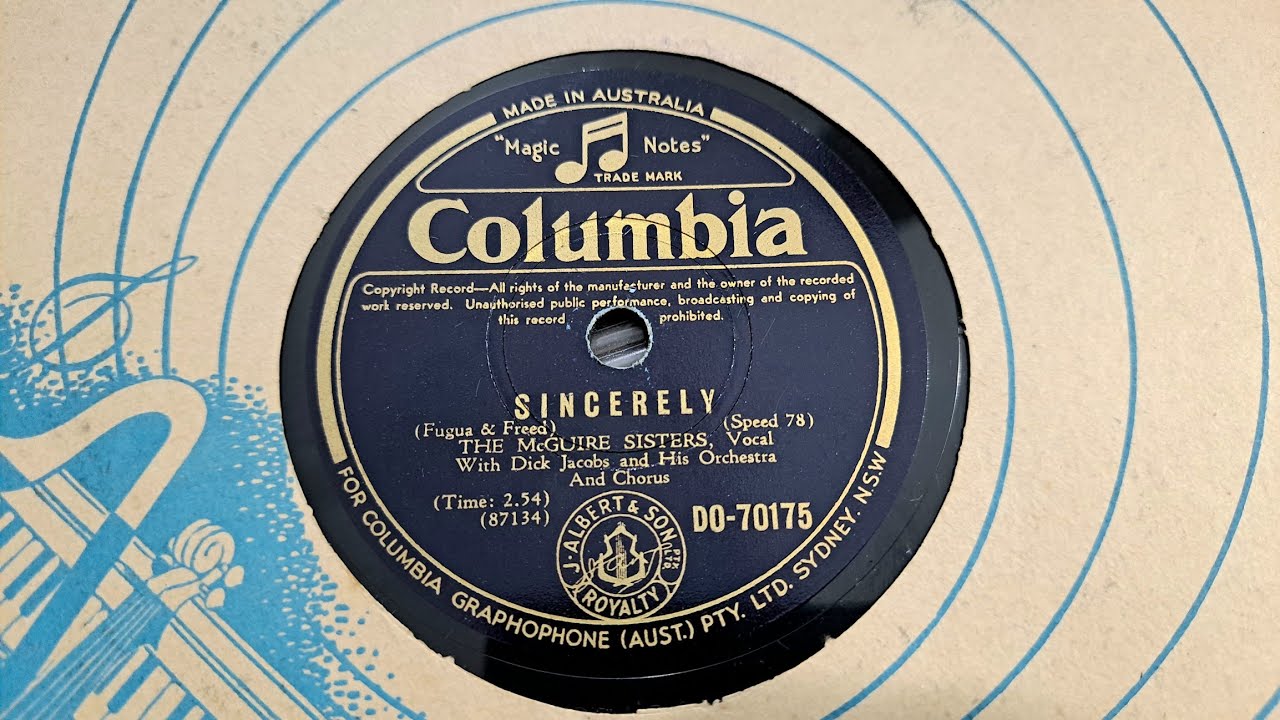 Sincerely. The Maguire Sisters. Columbia 78rpm Shellac Radiogram Record ...