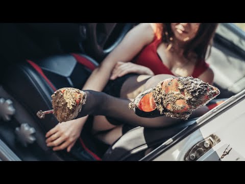 Russian girl stuck 27 trailer //  Alena Stuck in wet road high heels mud