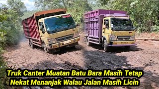 Truk Canter Muatan Batu Bara Masih Tetap Nekat Menanjak Walau Jalan Masih Licin