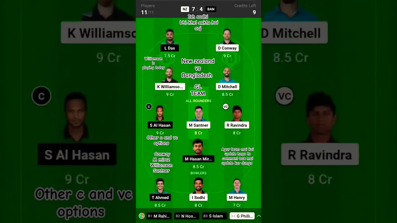 NZ vs BAN Dream11 Team, Ban vs Nz Dream11 Prediction Today Match, NZ vs BAN Dream11 Team world cup