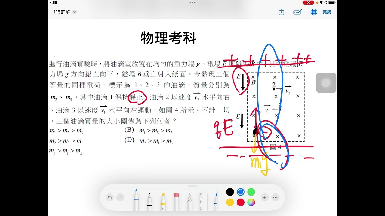 115學年度分科測驗物理9某生進行油滴實驗時,將油滴室放置在均勻的重力場g 、電場E 與磁場B 中,其中電場E與重力場g 方向鉛直向下,磁場B 垂直射入紙面。今發現三個帶有等量的同種電荷、 縮圖