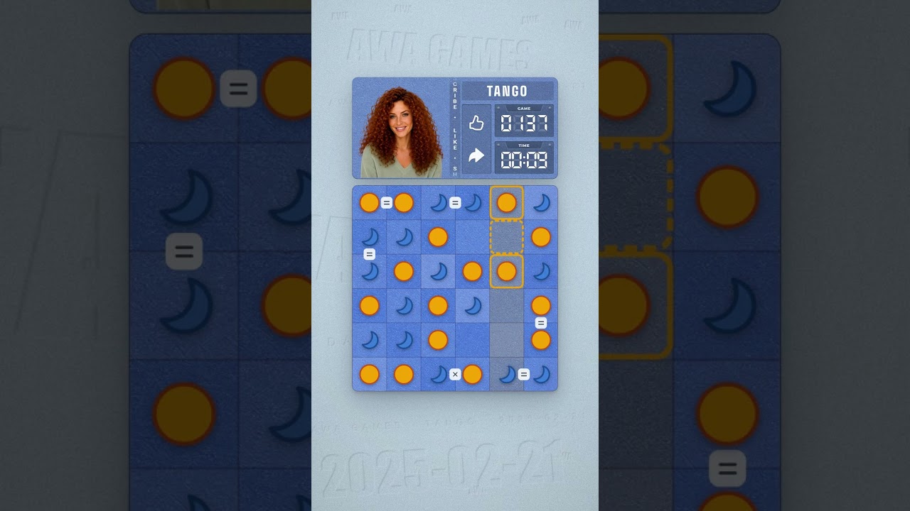 LinkedIn Tango #137 solved board for February 21, 2025, 6x6 grid
