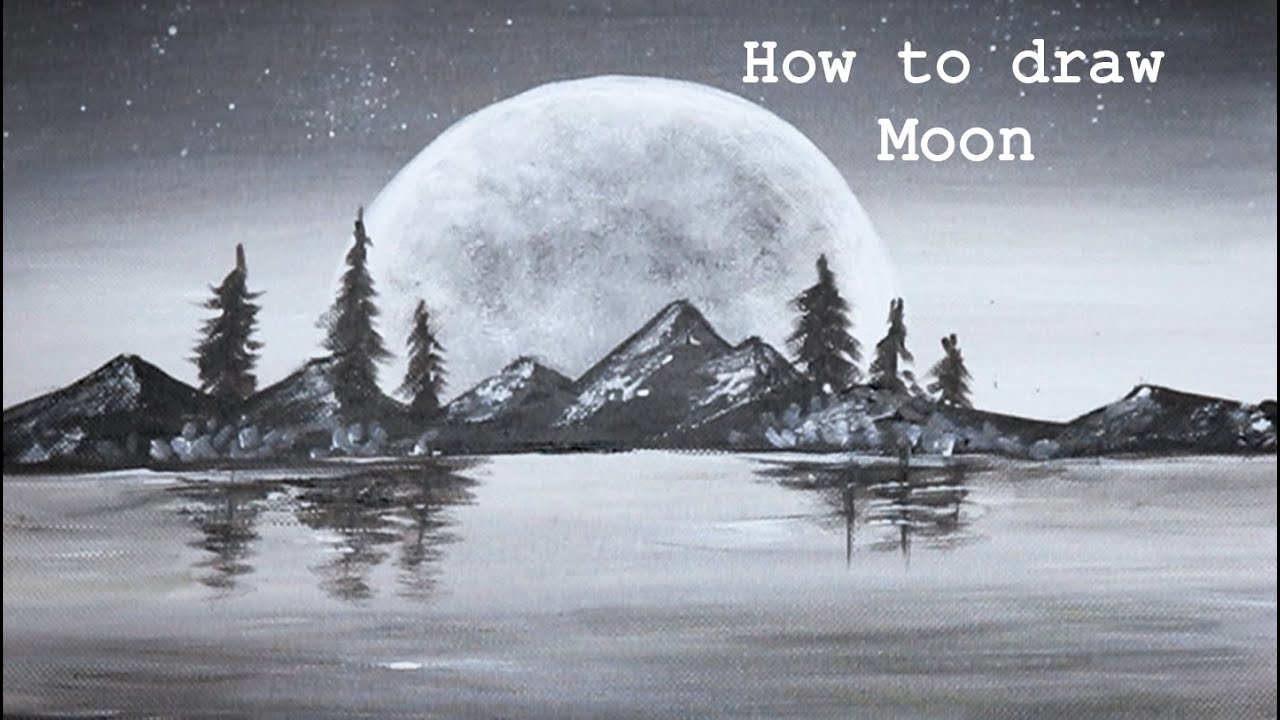 Acrylics Painting #224 How To Draw Moon Black and White | Moon Draw ...