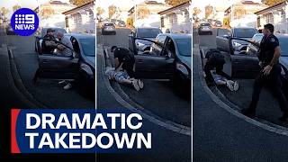 EXCLUSIVE: Dramatic arrest after suspect rams police car and crashes into home | 9 News Australia