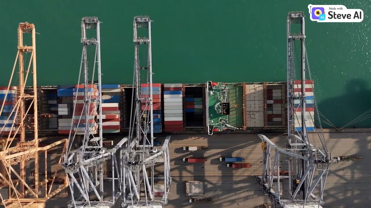 Top-down view of a shipping port with stacked containers and cranes, representing global export of coco peat products.