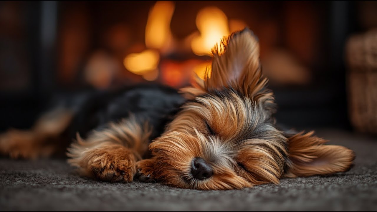 Cozy Fireplace & Piano Ambiance with Sleeping Yorkie Puppy 🐶🔥🎶 | 1 Hour of Relaxing Sounds