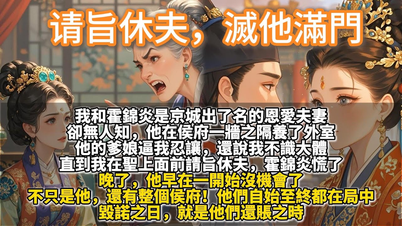 完結爽文：请旨休夫，滅他滿門。我和霍錦炎是京城出了名的恩愛夫妻。怎料他在侯府一牆之隔養了外室。他們卿卿我我，孕育子嗣。他的爹娘逼我忍讓，還說我不識大體。霍錦炎忘了，他曾立誓，愛我護我捧在掌心，此生不移