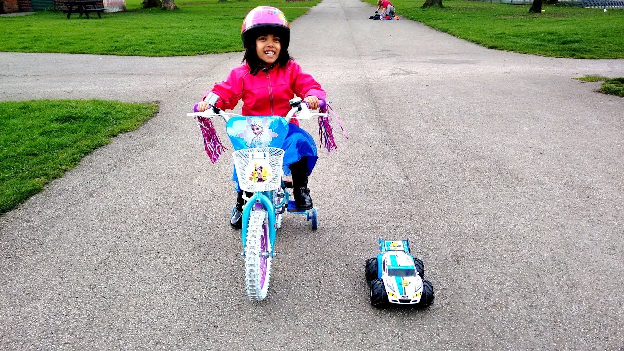 games people play Little Girl Racing Nikko RC Toy Car with Frozen Elsa Bike HUGE ACCIDENT FAIL!