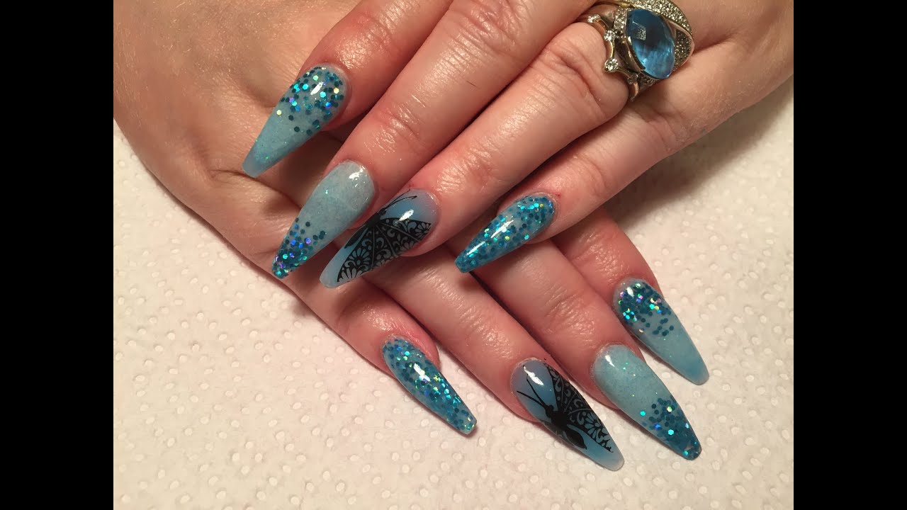 Acrylic Nails, long sculpted ballerina blue nails YouTube