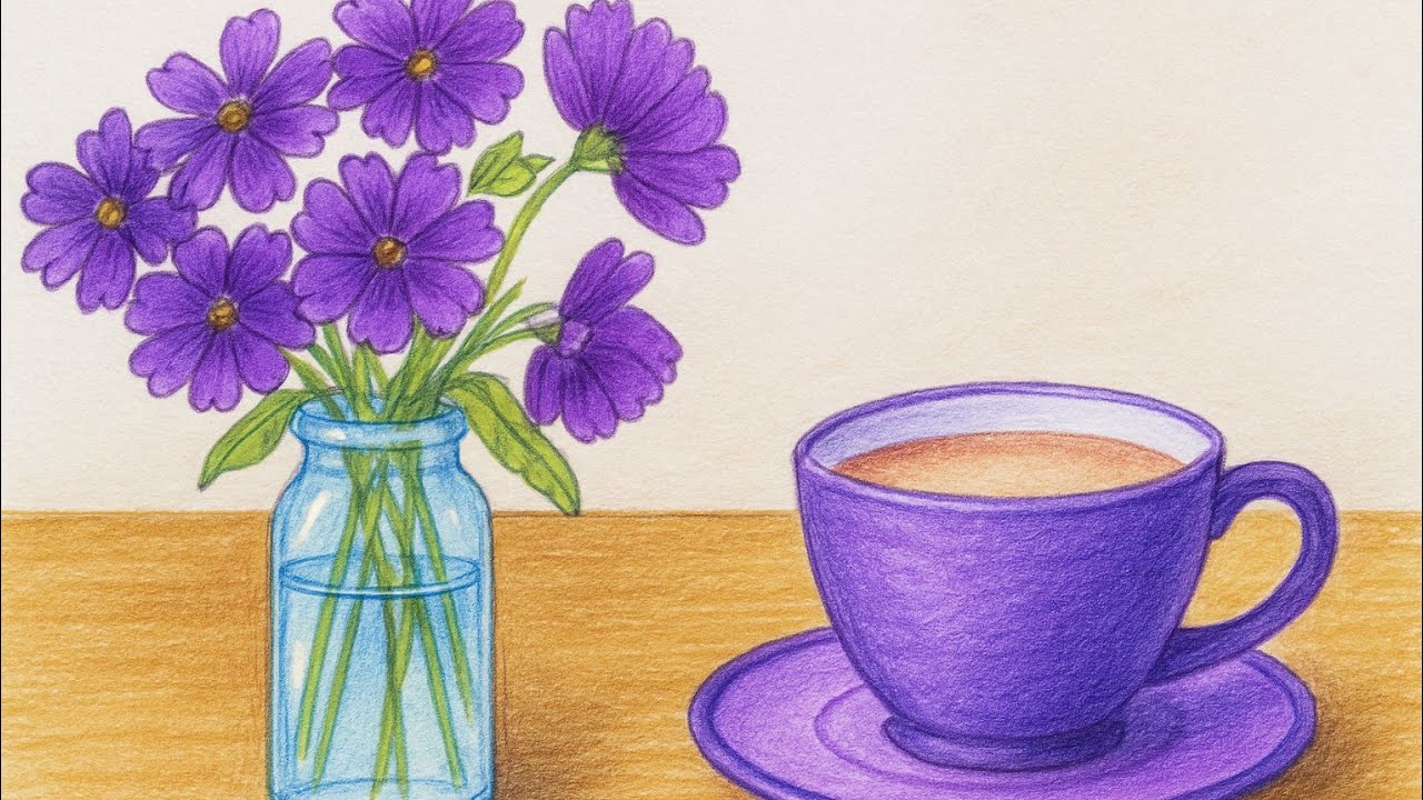 "Beautiful Flower Vase and Tea Cup Drawing with Color Pencils 🌸☕"