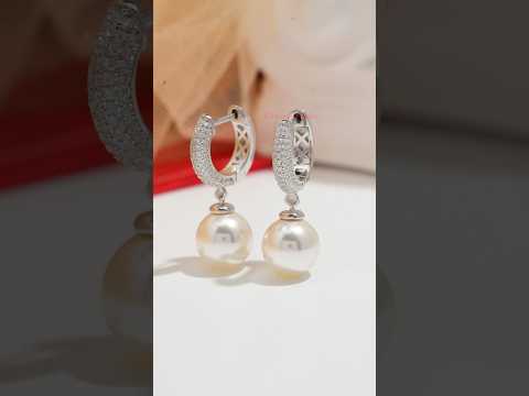 Pearl Drop Hoop Earrings with Cubic Zirconia in Platinum-Plated Sterling Silver | Eudora Jewelry