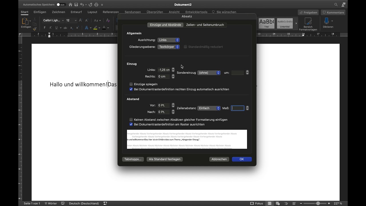 Word "Hängender Einzug" Mac