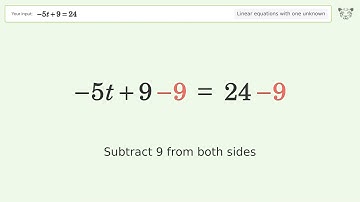 Linear equation with one unknown: Solve -5t+9=24 step-by-step solution