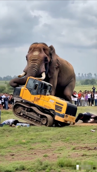 The elephant is breaking the JCB machine and many people are trying to chase it away #jcb #elephant