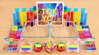 Tokyo Rainbow Lights - Mixing Makeup Eyeshadow Into Slime Asmr