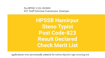 HPSSC Hamirpur (Steno Typist) (Post Code-823 ) Result Declared Check( Merit List)