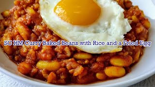 Slow Cooker Homemade Curry Baked Beans with Rice and a Fried Egg