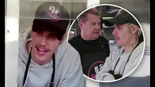 Justin Bieber and James Corden dish tacos and grilled cheese sandwiches from custom Yummy Food Truck