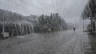 The biggest super crazy windstorm in history in the village, heavy rain and lightning storm in Asia