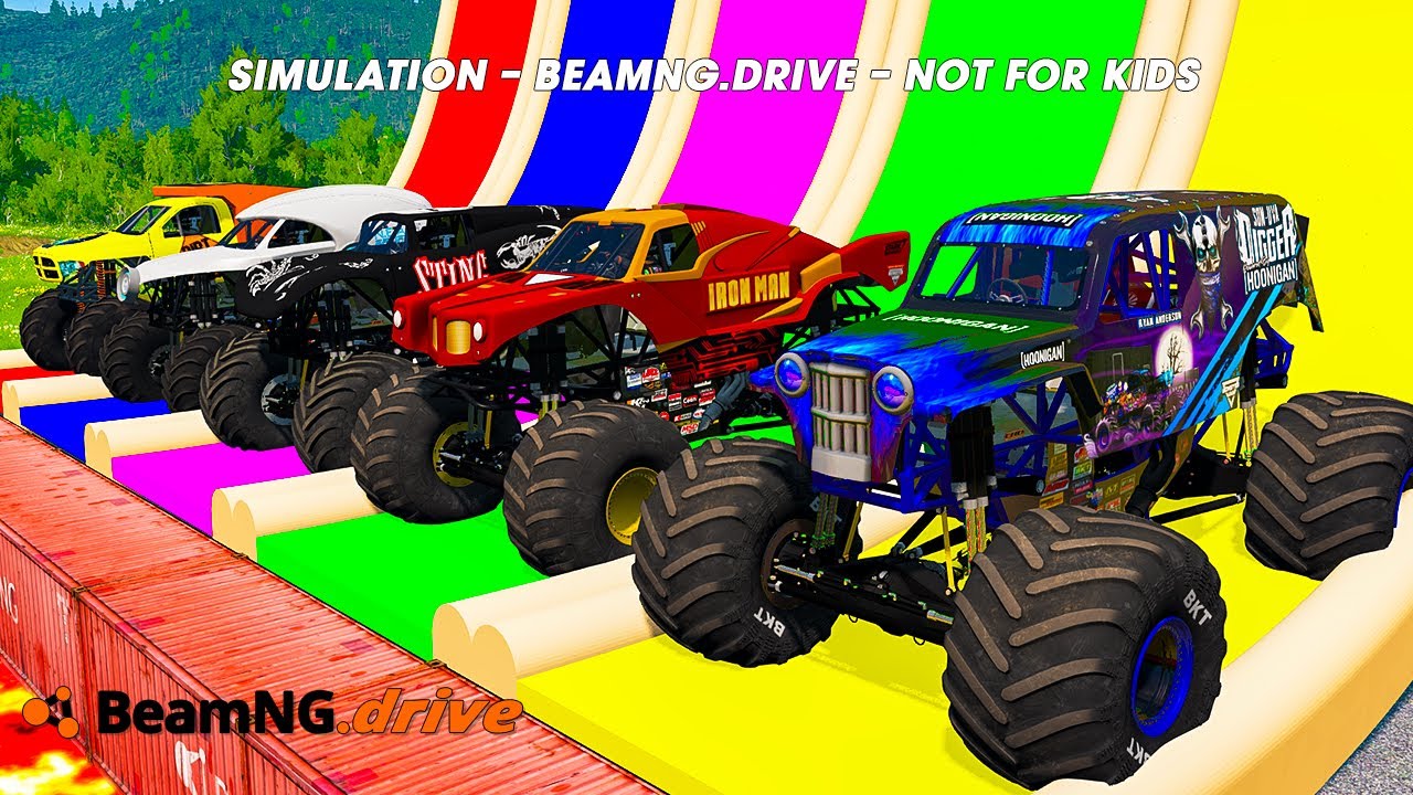 5 MONSTER TRUCKS  vs GIANT COLOR WATER SLIDE #174 - BeamNG.Drive