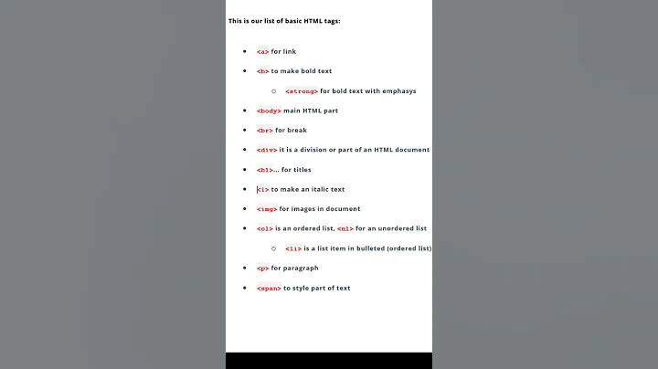 Basic html tags  list || List of html tags ||#shorts #html  #tags