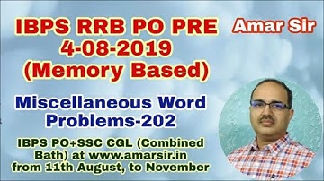 Miscellaneous Word Problems-202 IBPS RRB PO PRE-4-08-2019 (Memory Based)