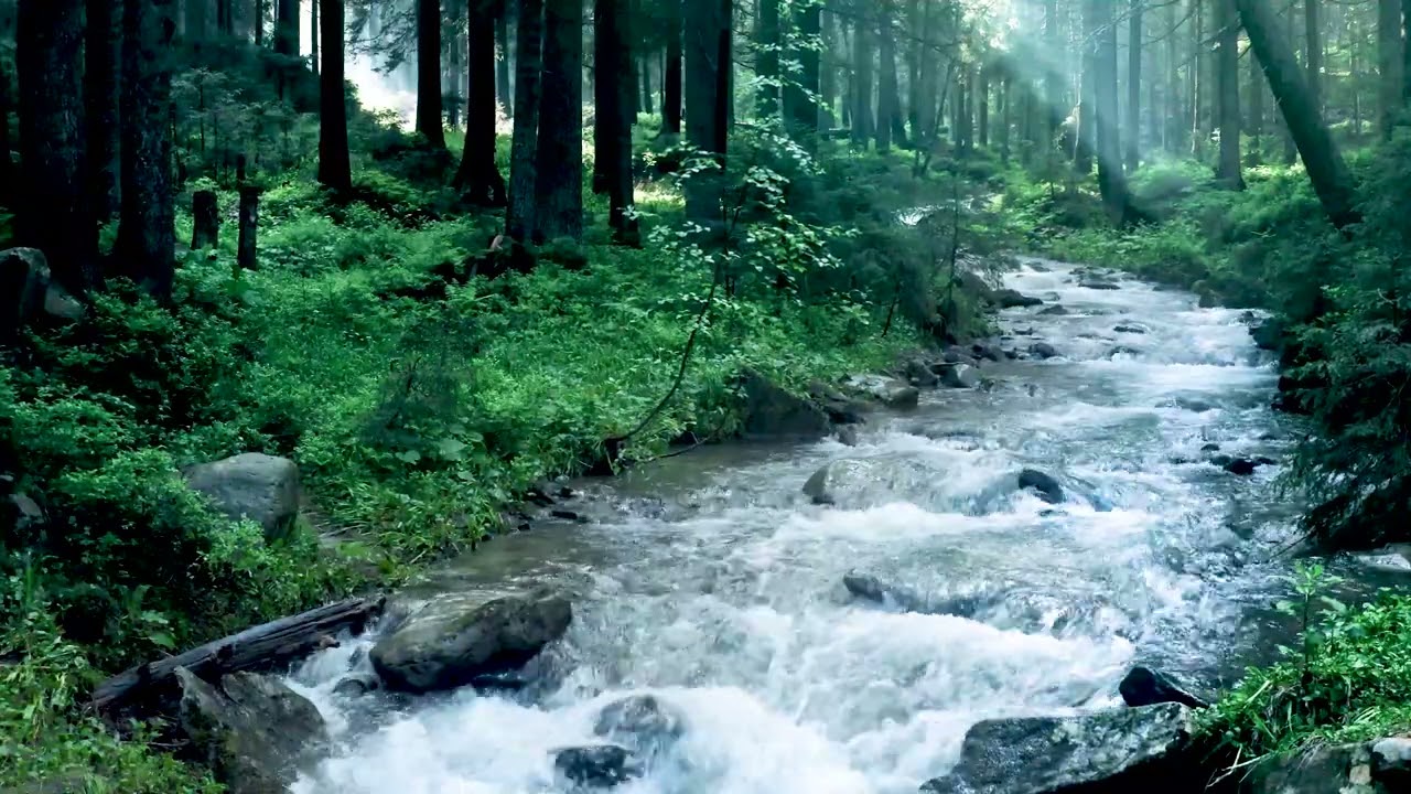 Green Forest River Flowing in Rainy Weather. Nature Sounds, Forest River,  White Noise for Sleeping. 
