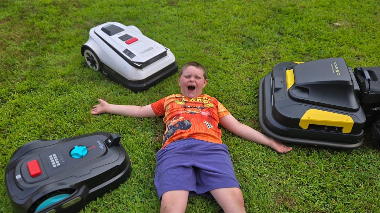 FACE-OFF! Using THREE ROBOT Mowers at once! Lawnmowers / Yard Work videos for kids
